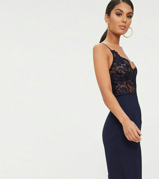 pretty little thing navy lace jumpsuit